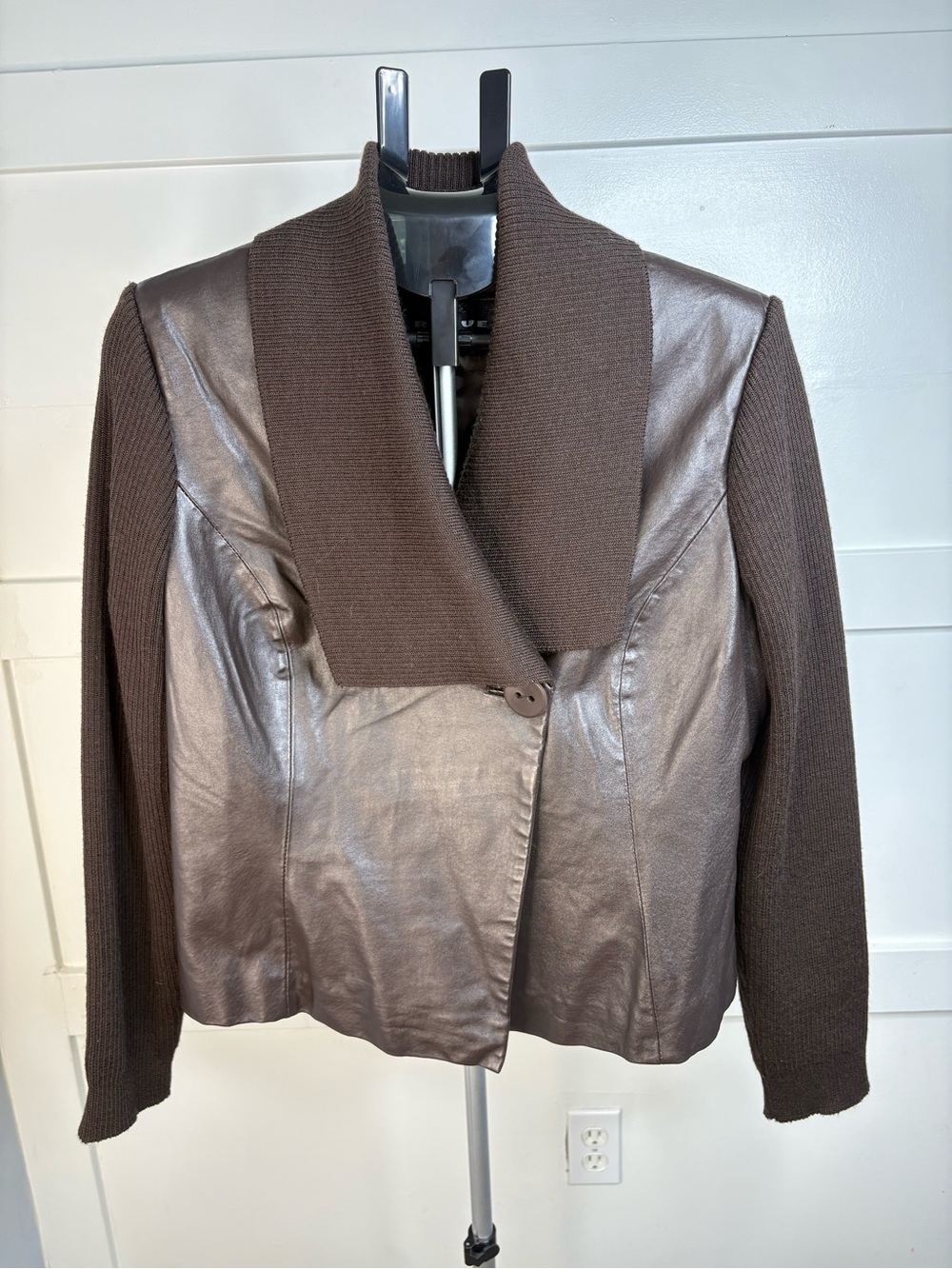 Women's Chocolate Brown Leather-Front Jacket with Knit Shawl Collar and sleeves